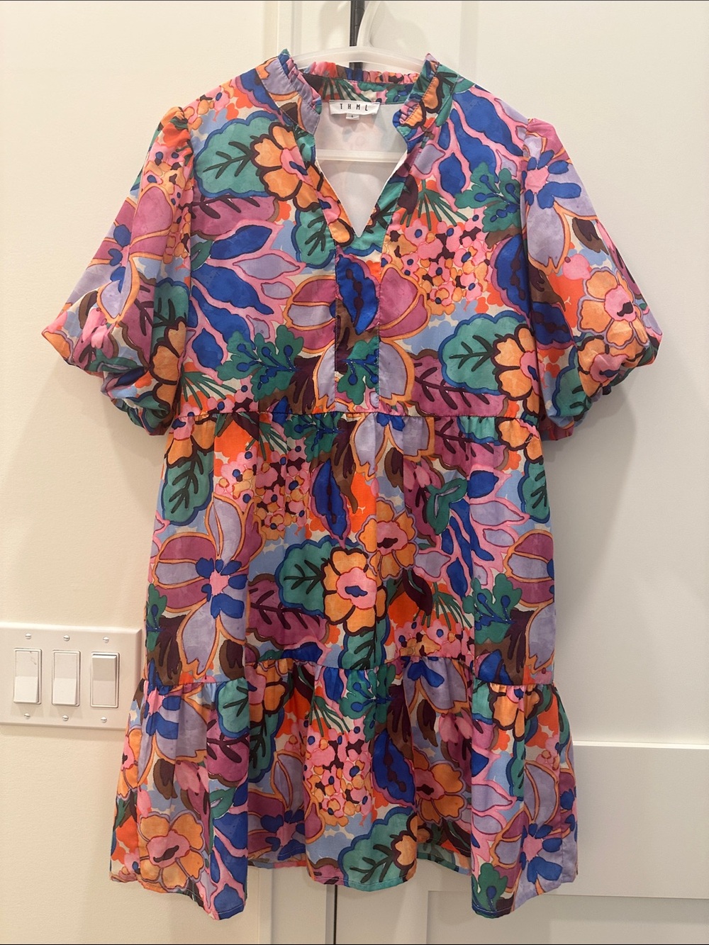 THML Dress Size Large Floral Print Babydoll Dress Puff Sleeves Ruffles